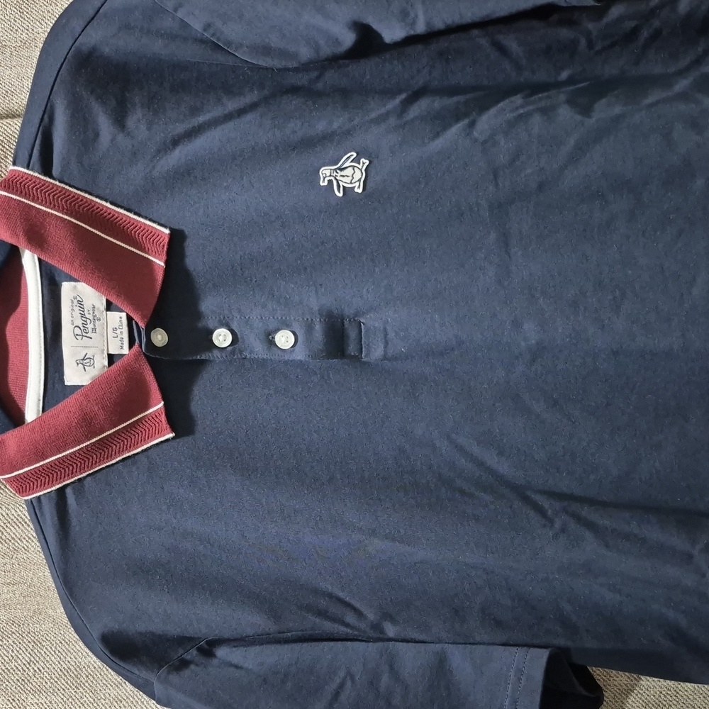 Original Penguin Men's Cotton Polo Shirt Navy Blue Maroon Collar Size: L Large
